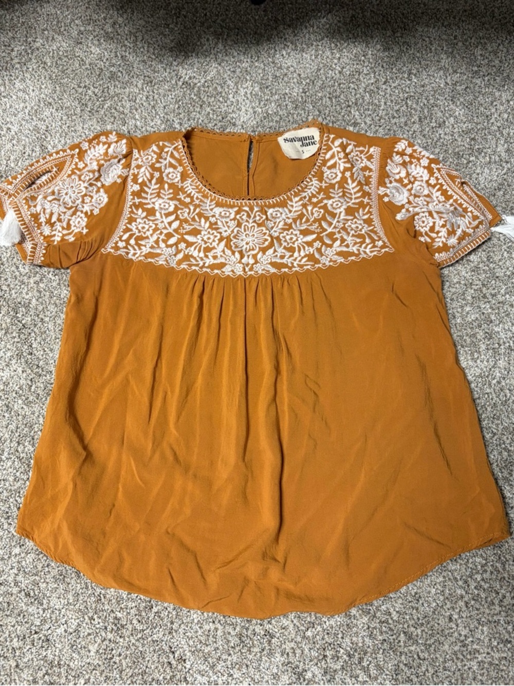 Savanna Jane Mustard Short Sleeve Embroidered Yoke Top